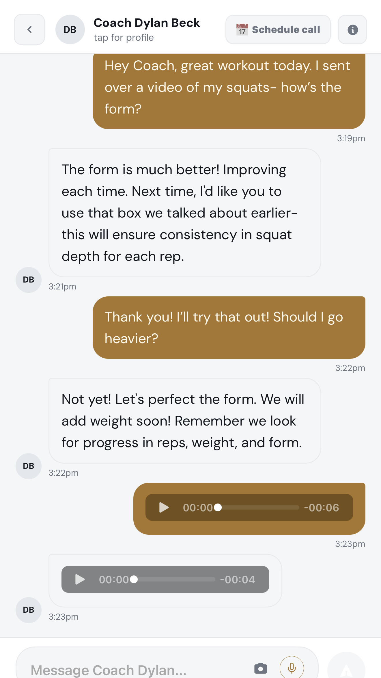 In-app message thread with Coach Dylan Beck answering a form-check question about squat depth