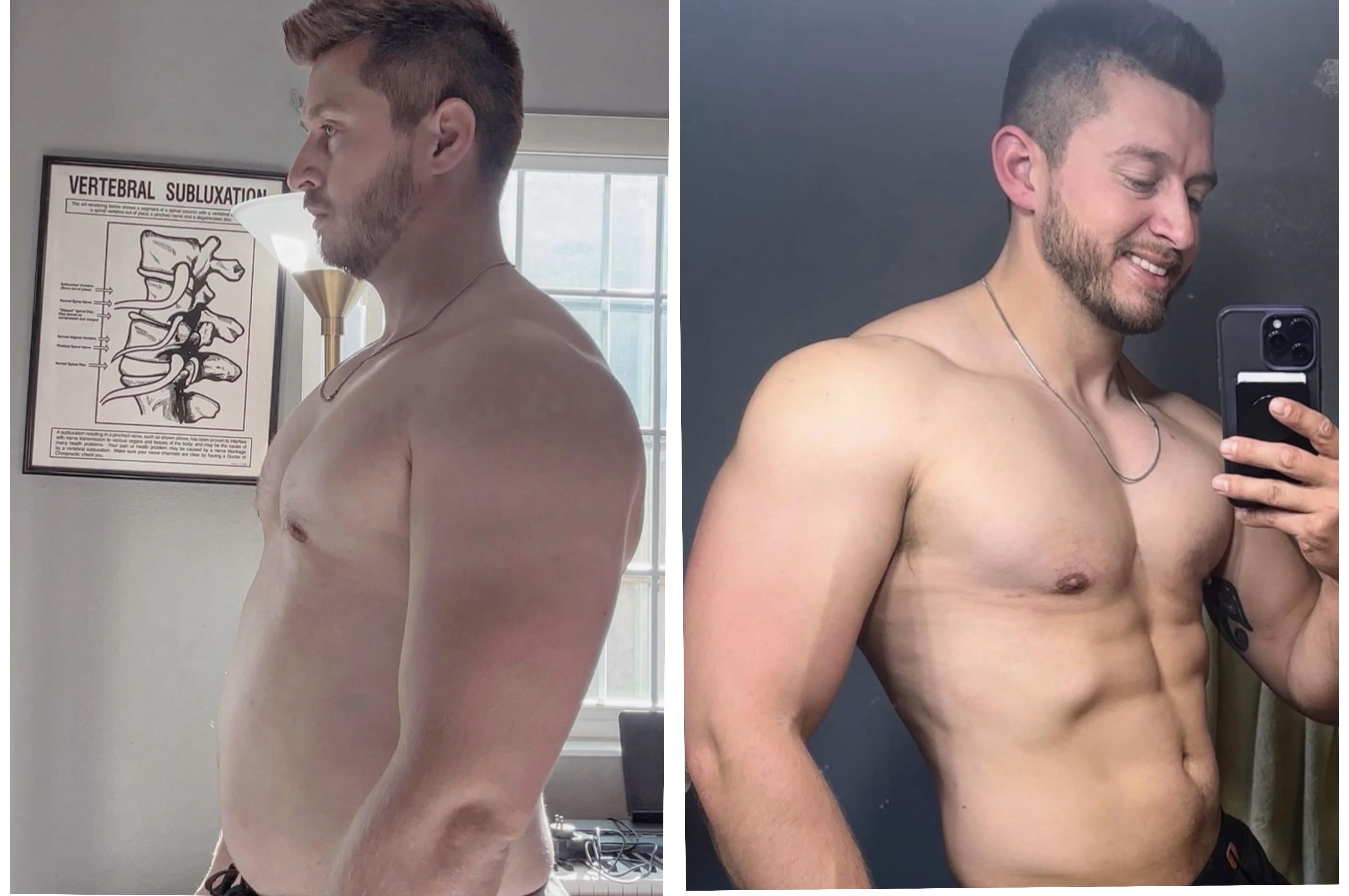 Dylan Beck last year, after his comeback: a side profile on the left and a mirror selfie on the right