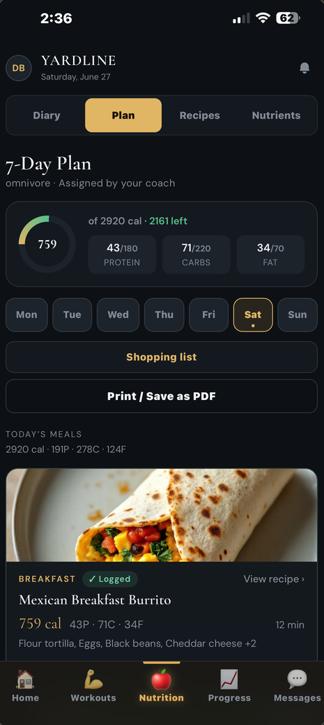Yardline nutrition screen: daily calorie ring with protein, carb and fat totals against target