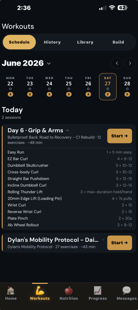 Yardline schedule: a week strip of training days with today's session and its exercise list